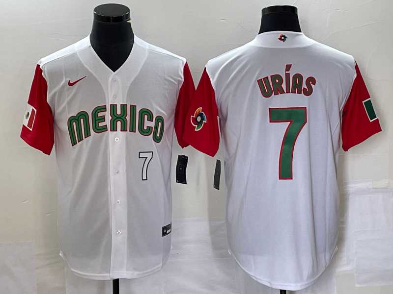 Men%27s Mexico Baseball #7 Julio Urias Number 2023 White Red World Classic Stitched Jersey54